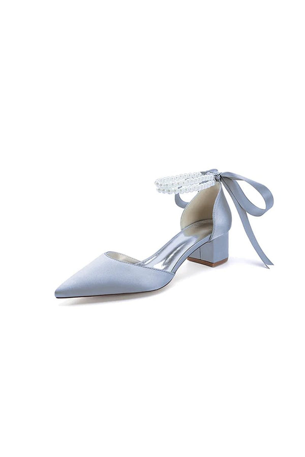 Pointed Toe Double Pearl Ankle Strap Party Shoes With Ribbon Tie - KissProm