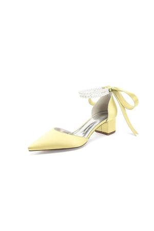 Pointed Toe Double Pearl Ankle Strap Party Shoes With Ribbon Tie - KissProm