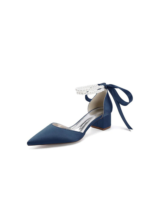 Pointed Toe Double Pearl Ankle Strap Party Shoes With Ribbon Tie - KissProm
