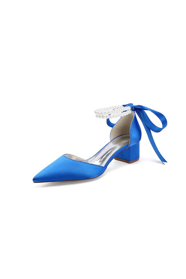 Pointed Toe Double Pearl Ankle Strap Party Shoes With Ribbon Tie - KissProm