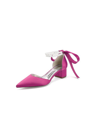 Pointed Toe Double Pearl Ankle Strap Party Shoes With Ribbon Tie - KissProm