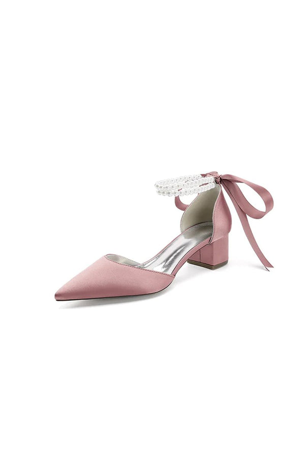 Pointed Toe Double Pearl Ankle Strap Party Shoes With Ribbon Tie - KissProm