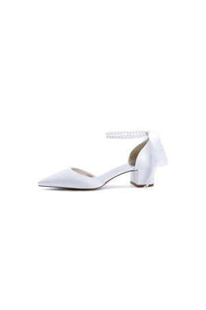 Pointed Toe Double Pearl Ankle Strap Party Shoes With Ribbon Tie - KissProm