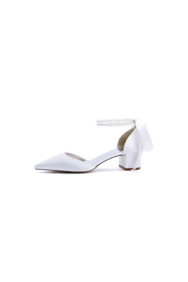 Pointed Toe Double Pearl Ankle Strap Party Shoes With Ribbon Tie - KissProm