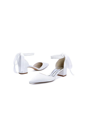 Pointed Toe Double Pearl Ankle Strap Party Shoes With Ribbon Tie - KissProm