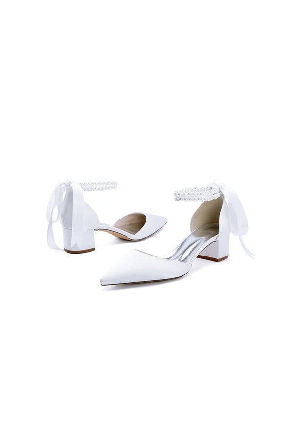 Pointed Toe Double Pearl Ankle Strap Party Shoes With Ribbon Tie - KissProm