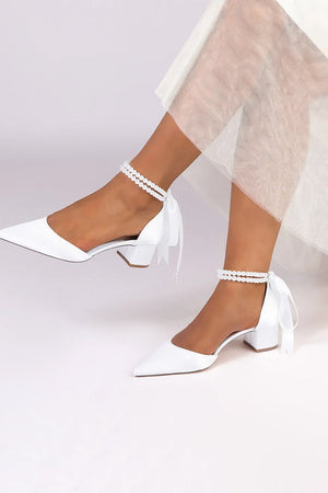 Pointed Toe Double Pearl Ankle Strap Party Shoes With Ribbon Tie - KissProm