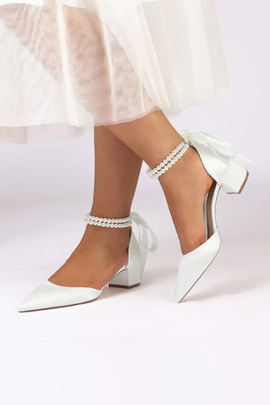 Pointed Toe Double Pearl Ankle Strap Party Shoes With Ribbon Tie - KissProm