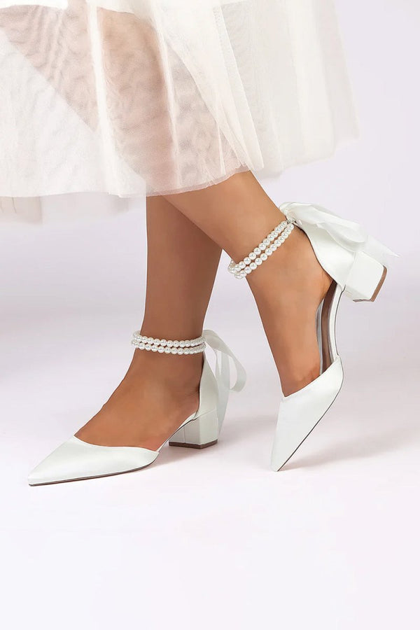 Pointed Toe Double Pearl Ankle Strap Party Shoes With Ribbon Tie - KissProm