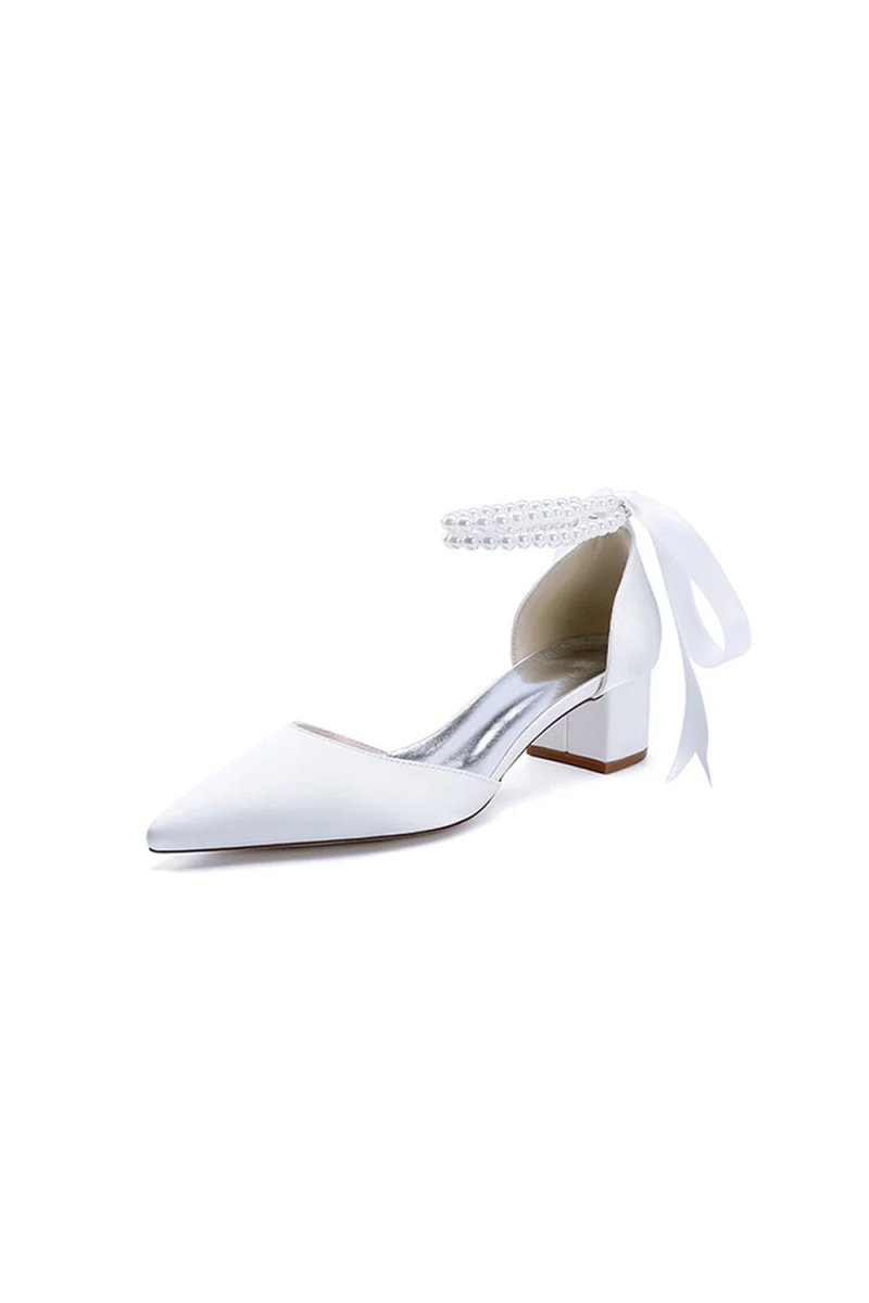 Pointed Toe Double Pearl Ankle Strap Party Shoes With Ribbon Tie - KissProm
