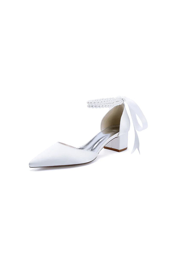 Pointed Toe Double Pearl Ankle Strap Party Shoes With Ribbon Tie - KissProm