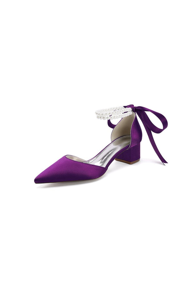 Pointed Toe Double Pearl Ankle Strap Party Shoes With Ribbon Tie - KissProm