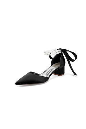 Pointed Toe Double Pearl Ankle Strap Party Shoes With Ribbon Tie - KissProm