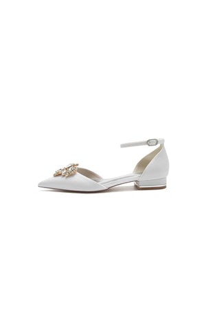 Pointed Toe Glitter Ankle Strap Low Heels With Rhinestone - KissProm