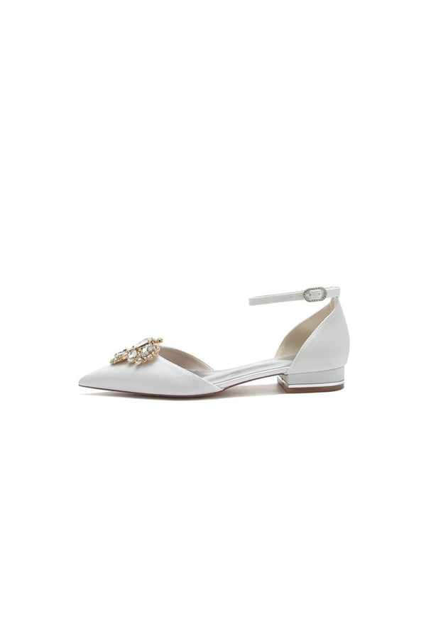 Pointed Toe Glitter Ankle Strap Low Heels With Rhinestone - KissProm