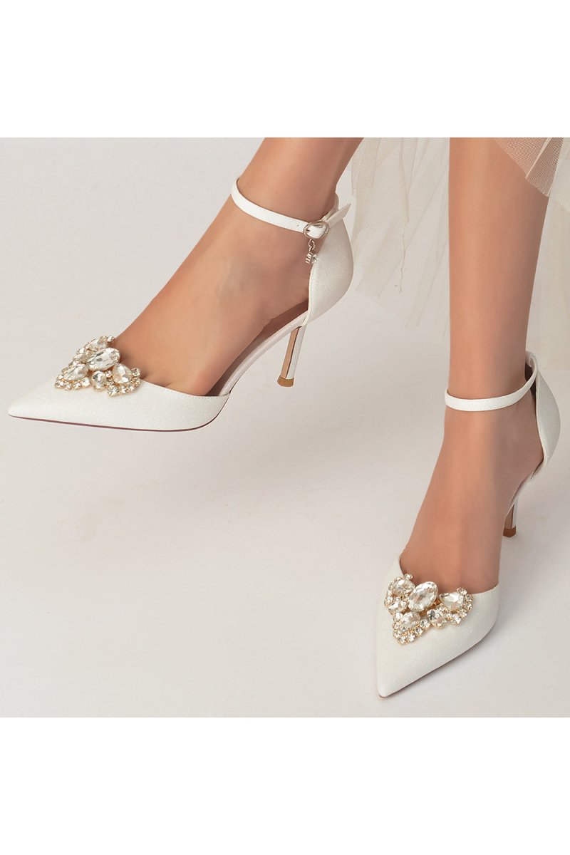 Pointed Toe Glitter Ankle Strap Rhinestone High Heels - KissProm