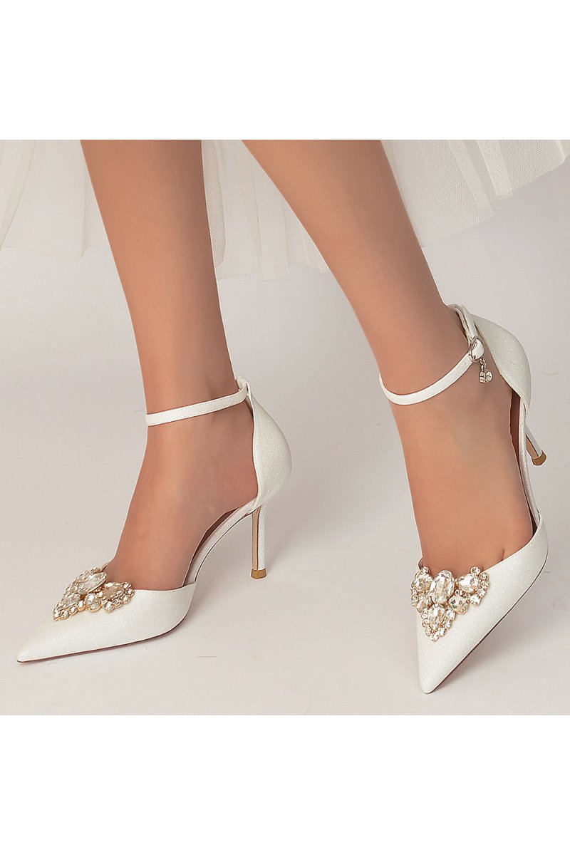 Pointed Toe Glitter Ankle Strap Rhinestone High Heels - KissProm