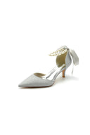 Pointed Toe Glitter Crystal Ribbons Faux Pearl Pumps - KissProm