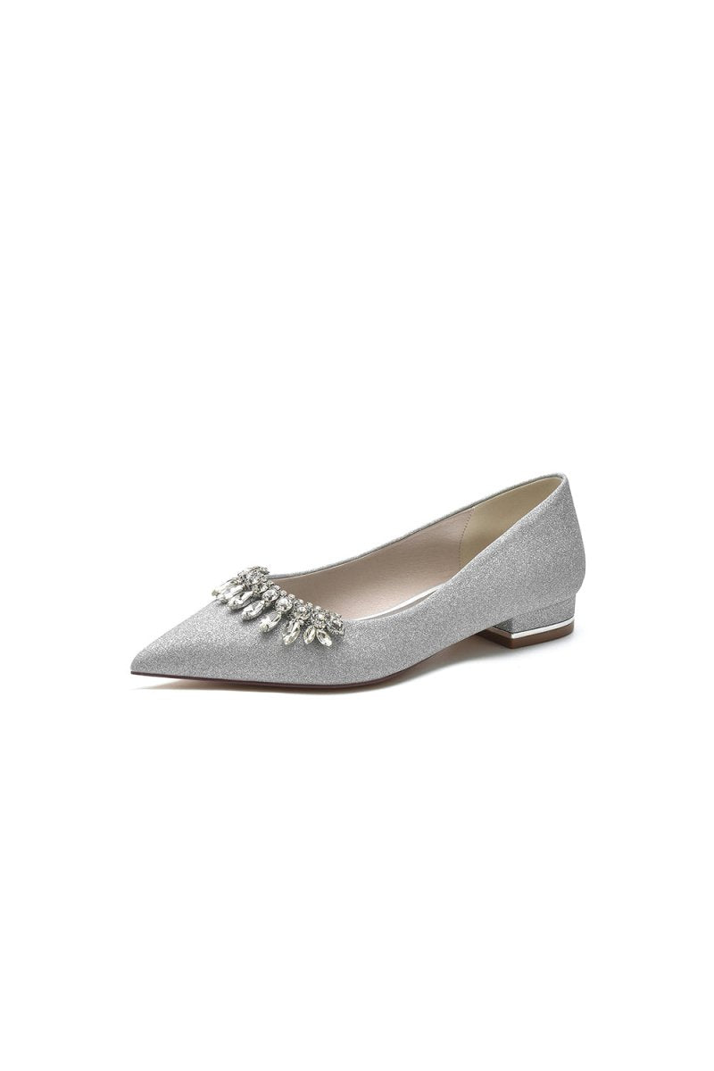 Pointed Toe Glitter Low Heels With Rhinestone - KissProm