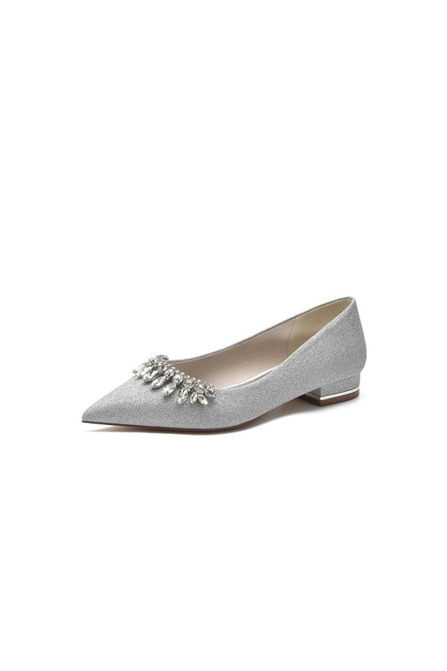 Pointed Toe Glitter Low Heels With Rhinestone - KissProm