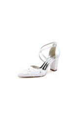 Pointed Toe Ivory Chunky Heels with Lace - KissProm