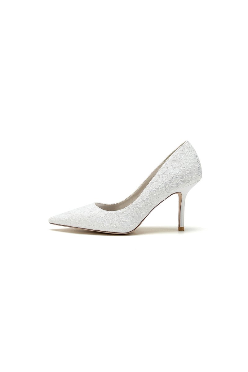 Simple Pointed Toe Lace Wedding Heels - KissProm