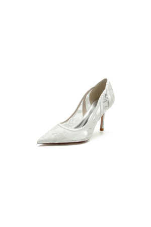 Pointed Toe Bridal Heels with Lace Appliques - KissProm