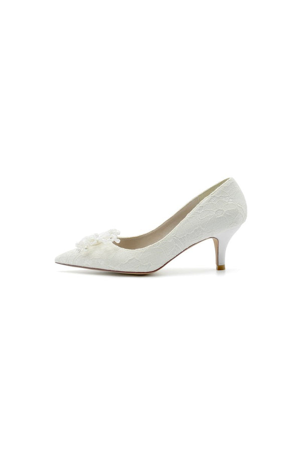 Pointed Toe Lace Wedding Shoes with Flower - KissProm