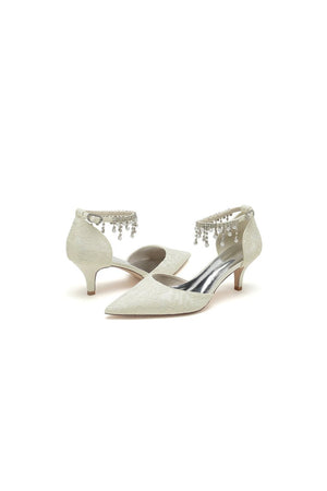 Pointed Toe Pearl Chain Strap High Heels - KissProm