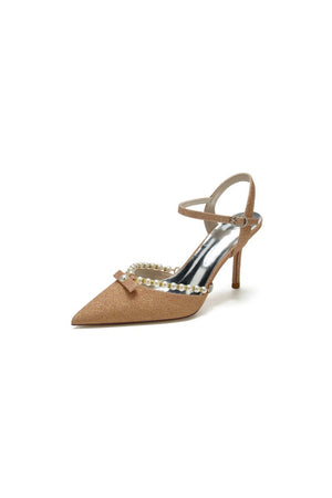 Pointed Toe Pearl Glitter Wedding Shoes With Bow - KissProm