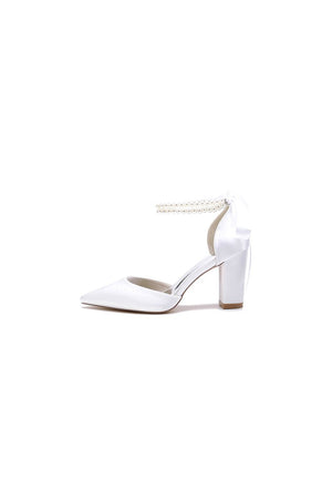 Pointed Toe Pearl Ribbon Ankle Strap Chunky Heel - KissProm