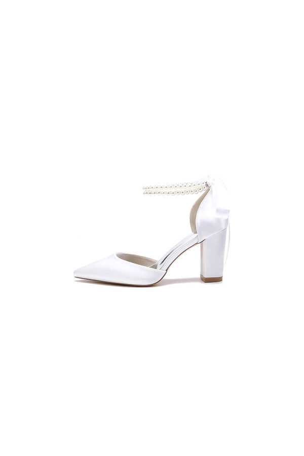 Pointed Toe Pearl Ribbon Ankle Strap Chunky Heel - KissProm