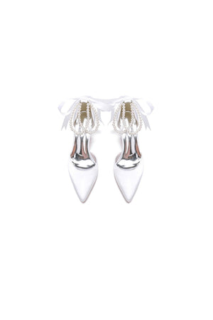 Pointed Toe Pearl Ribbon Ankle Strap Chunky Heel - KissProm