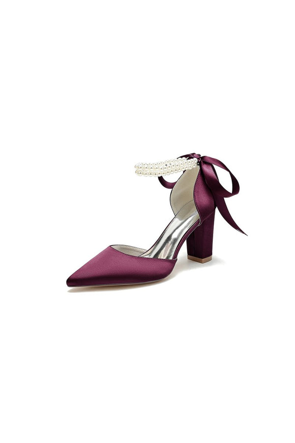 Pointed Toe Pearl Ribbon Ankle Strap Chunky Heel - KissProm