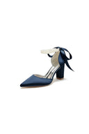 Pointed Toe Pearl Ribbon Ankle Strap Chunky Heel - KissProm