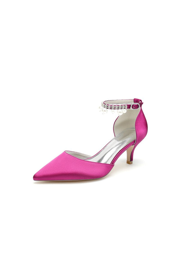 Pointed Toe Pearl Strap Kitten Heels - KissProm
