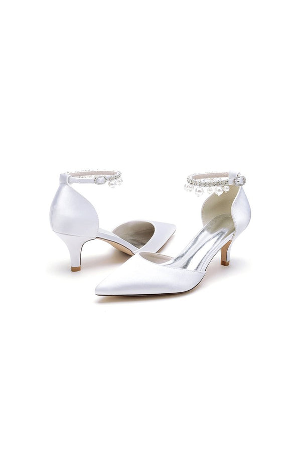 Pointed Toe Pearl Strap Kitten Heels - KissProm