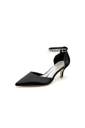 Pointed Toe Pearl Strap Kitten Heels - KissProm