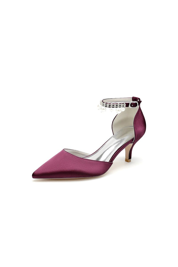 Pointed Toe Pearl Strap Kitten Heels - KissProm