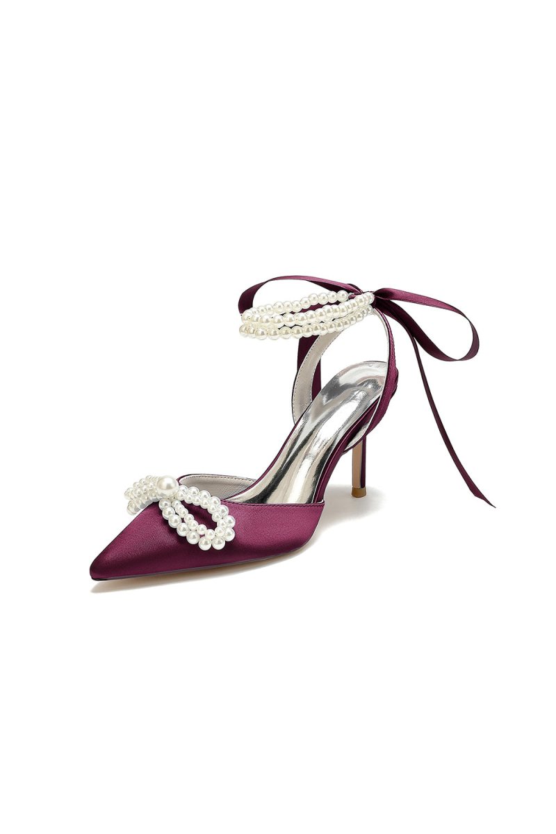 Pointed Toe Pearl Strap with Ribbon Tie - KissProm