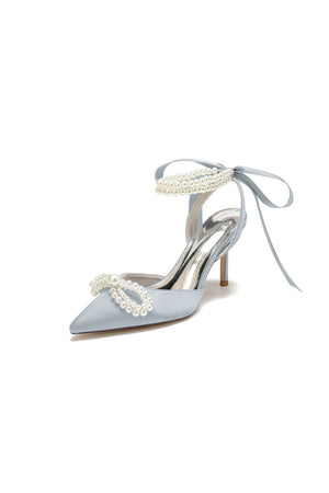 Pointed Toe Pearl Strap with Ribbon Tie - KissProm