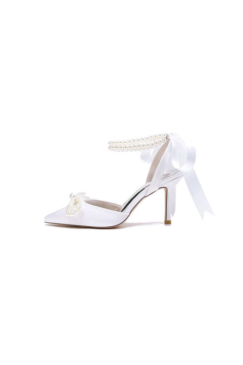 Pointed Toe Pearl Strap with Ribbon Tie - KissProm