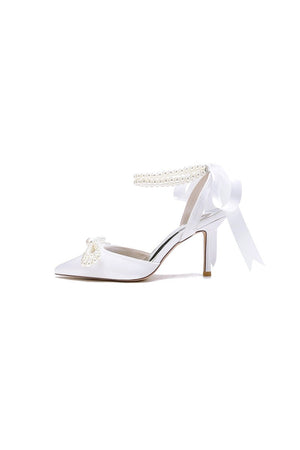 Pointed Toe Pearl Strap with Ribbon Tie - KissProm