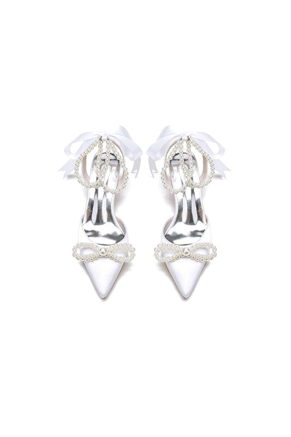 Pointed Toe Pearl Strap with Ribbon Tie - KissProm