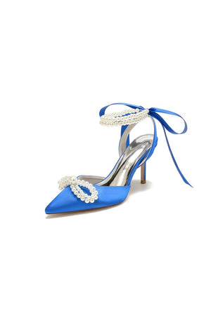 Pointed Toe Pearl Strap with Ribbon Tie - KissProm