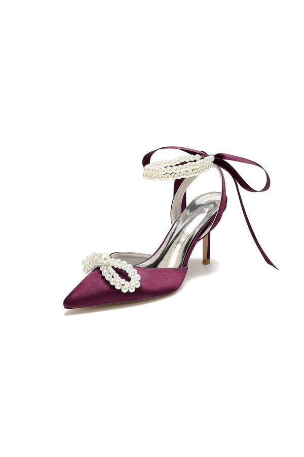 Pointed Toe Pearl Strap with Ribbon Tie - KissProm