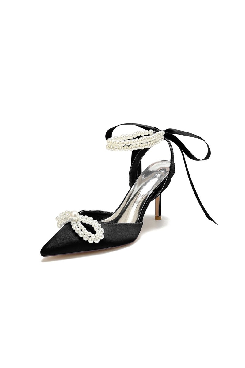 Pointed Toe Pearl Strap with Ribbon Tie - KissProm