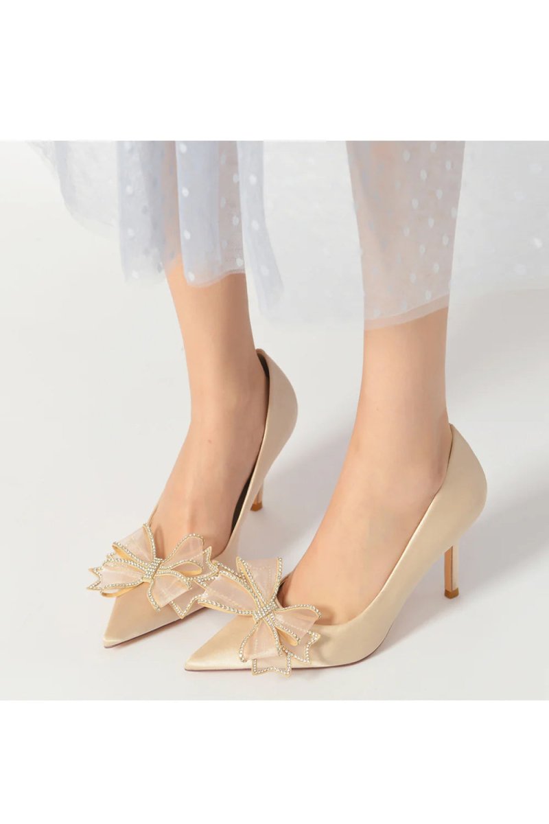 Champagne Pointed Toe Wedding Heels with Bow - KissProm