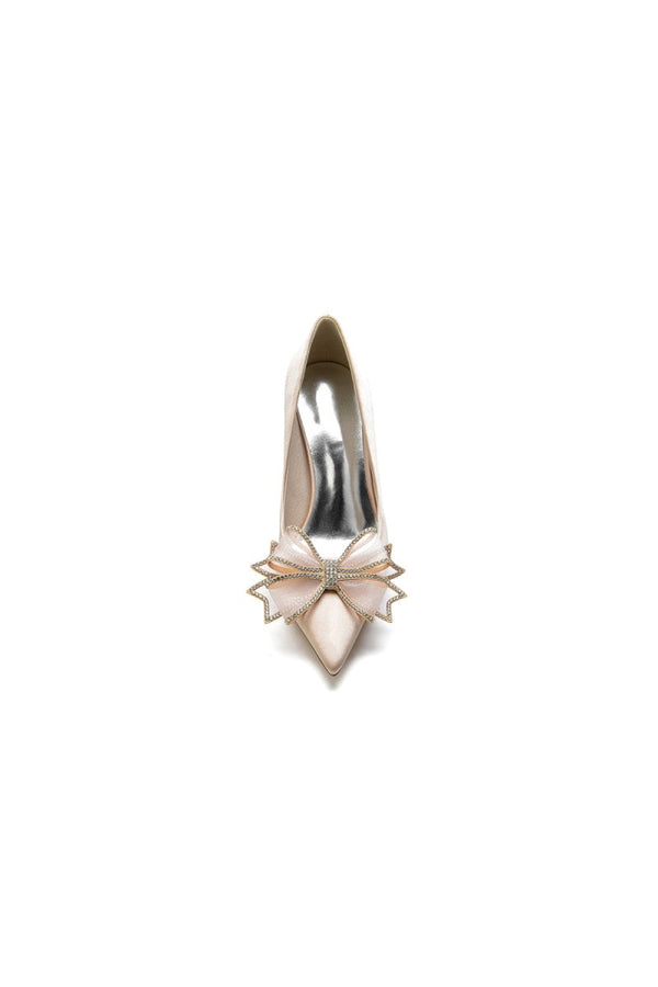 Champagne Pointed Toe Wedding Heels with Bow - KissProm
