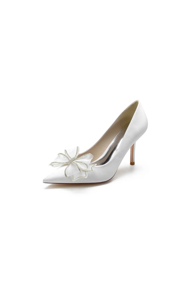 Champagne Pointed Toe Wedding Heels with Bow - KissProm